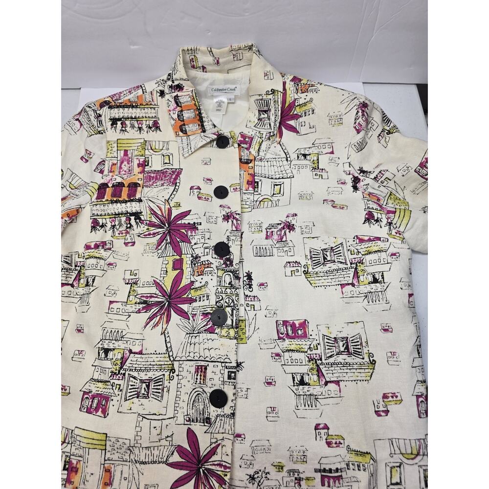 Coldwater Creek button down shirt Linen , Tropical buildings , Size Large